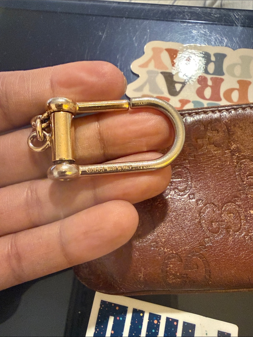 Gucci Brown Embossed Leather Key Pouch with Gold Chain - Picture 3 of 7